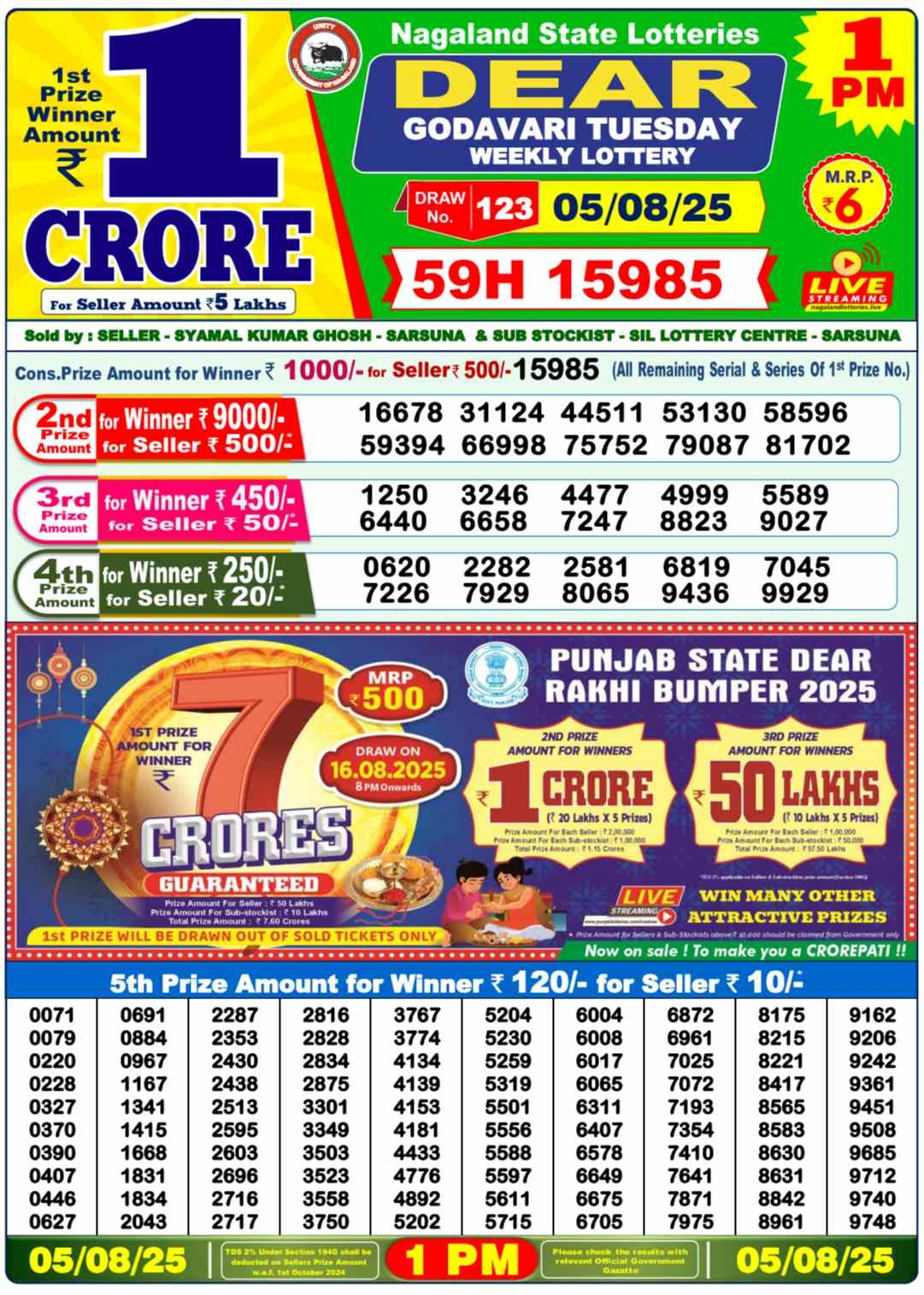 Nagaland State Lottery Result Today 1PM (5 August 2025) Tuesday