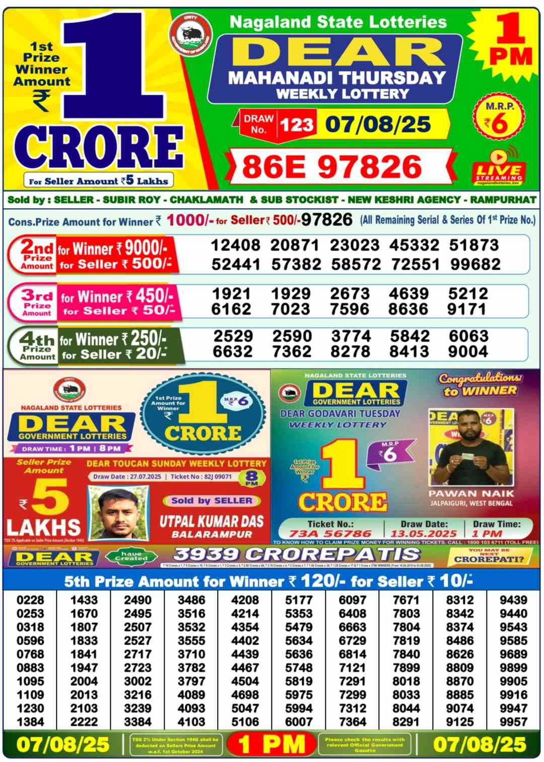 Nagaland Lottery 1PM Result Thursday (7-08-2025)