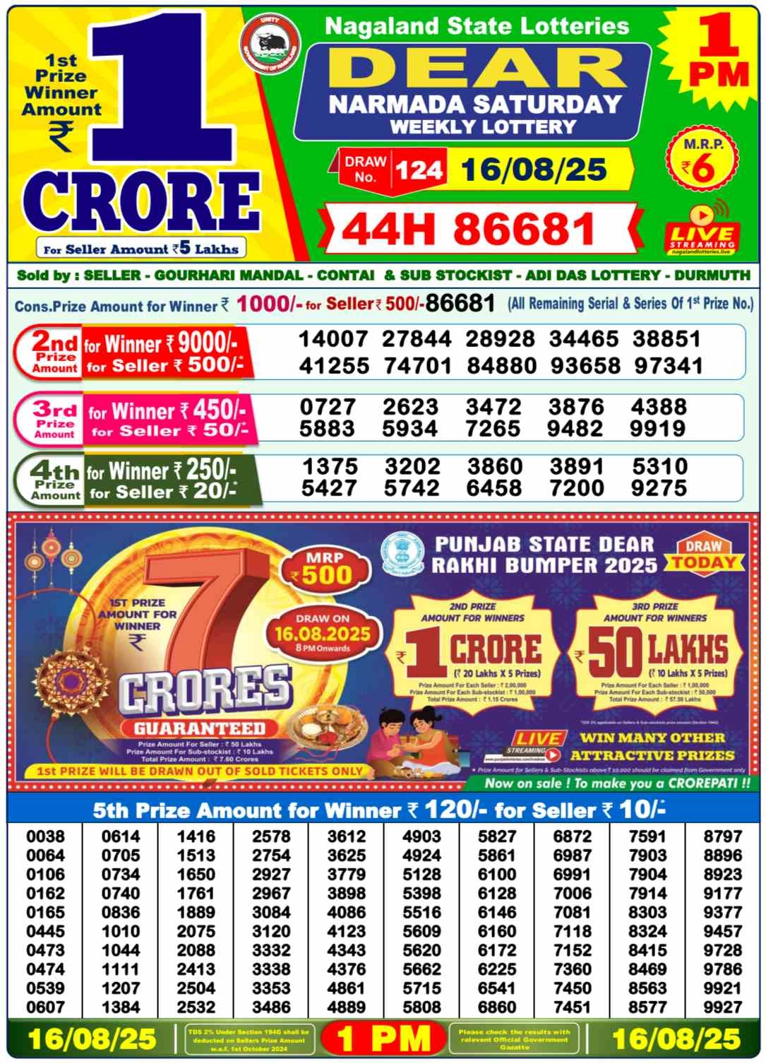 Nagaland Lottery 1PM Result Saturday 16-08-2025