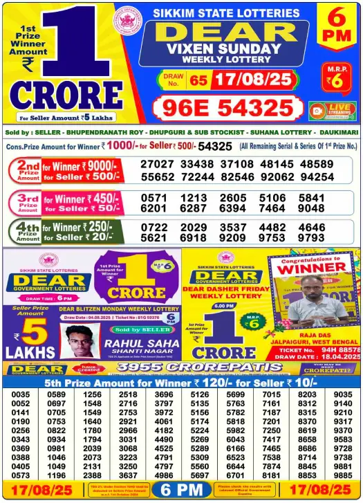 Nagaland Lottery 1PM Result Sunday 17-08-2025