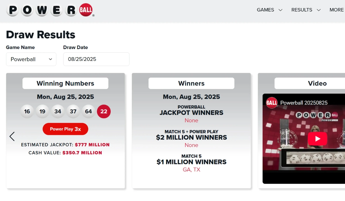 Powerball winning numbers August 25 2025