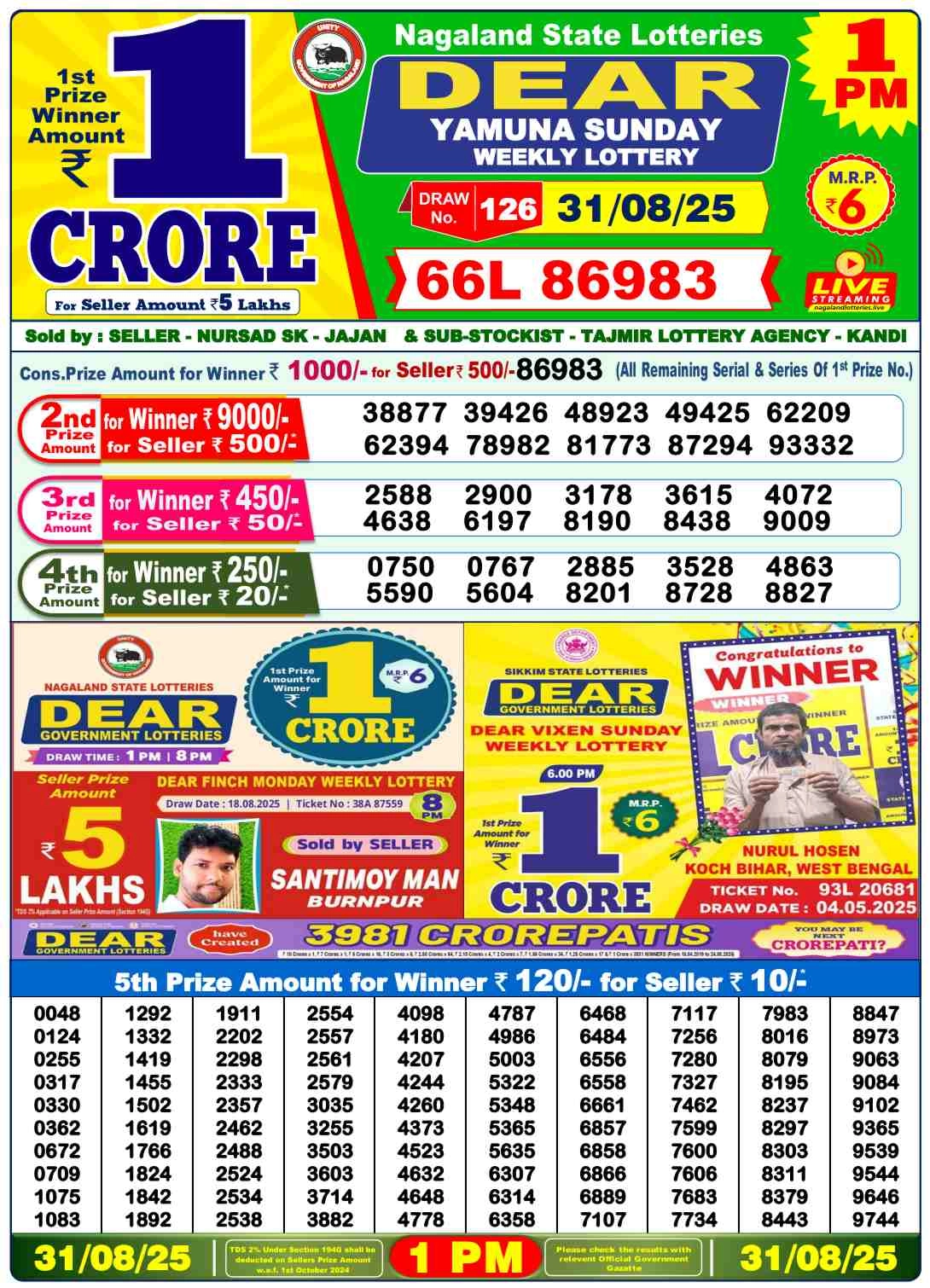 Nagaland Lottery 1PM Result Sunday 31-08-2025