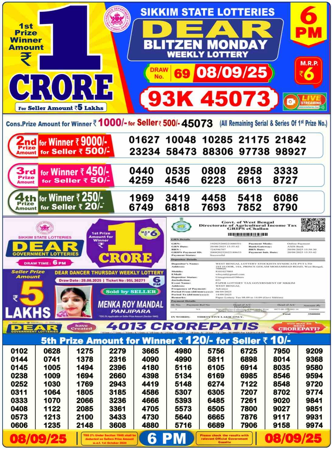 Nagaland Lottery 6PM Result Monday 8-09-2025