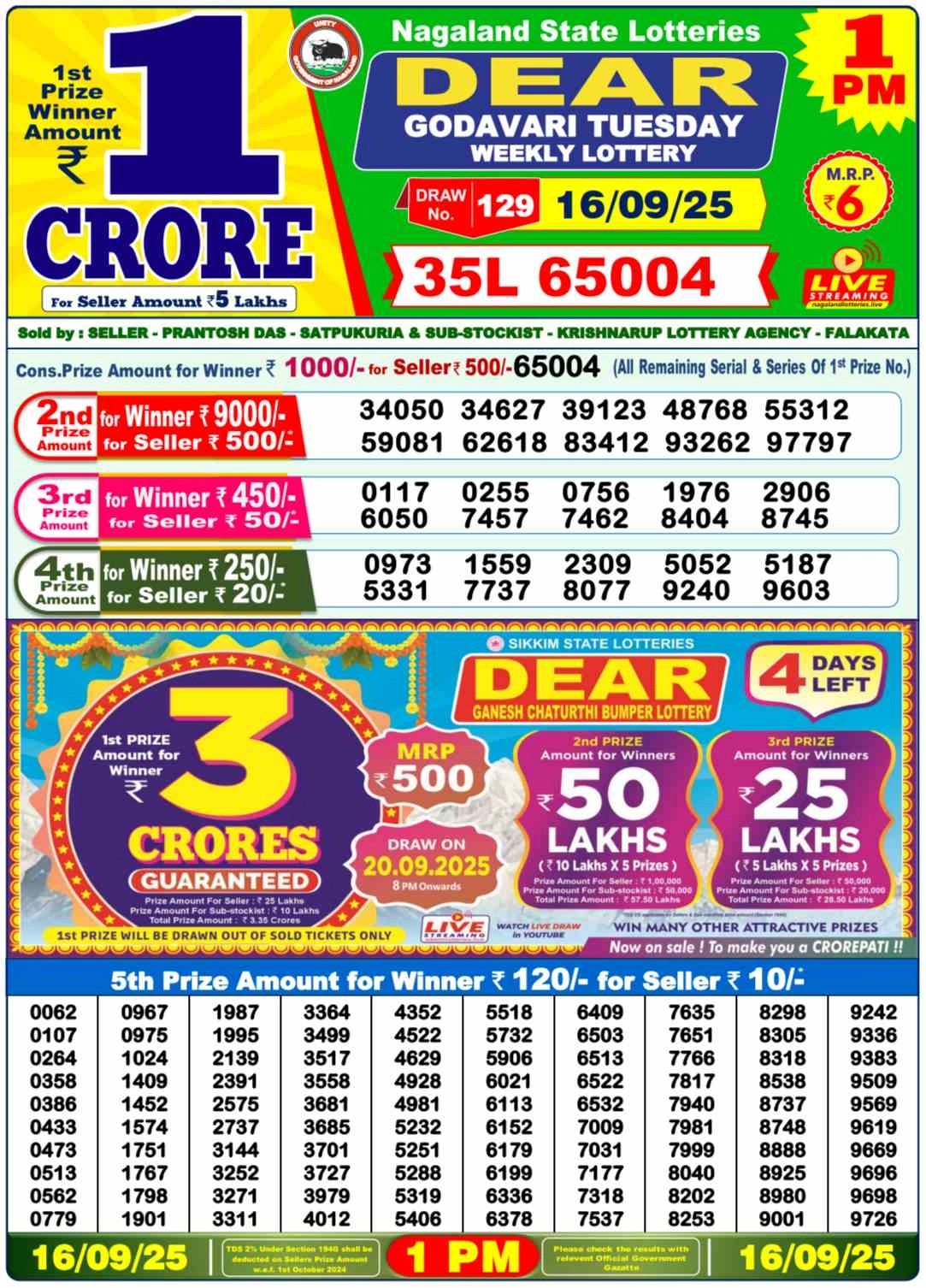 Nagaland Lottery 1PM Result Tuesday 16-09-2025