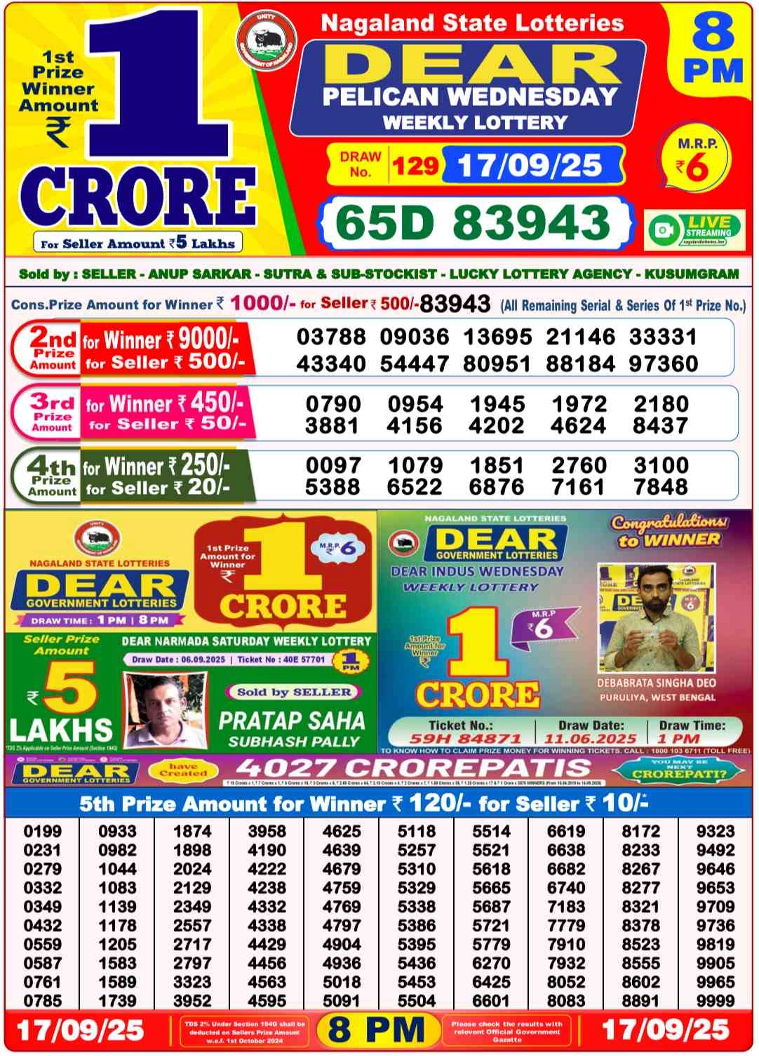 Nagaland Lottery 8PM Result Wednesday 17-09-2025