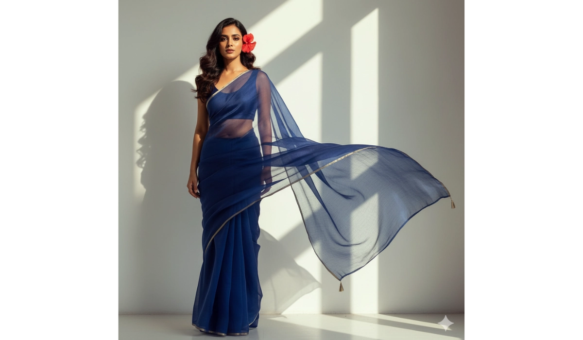 Breezy Blue Organza Saree in Sunlit Wall Scene