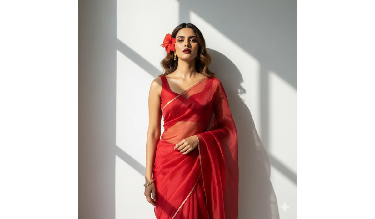 Fiery Red Organza Saree with Shadow Play