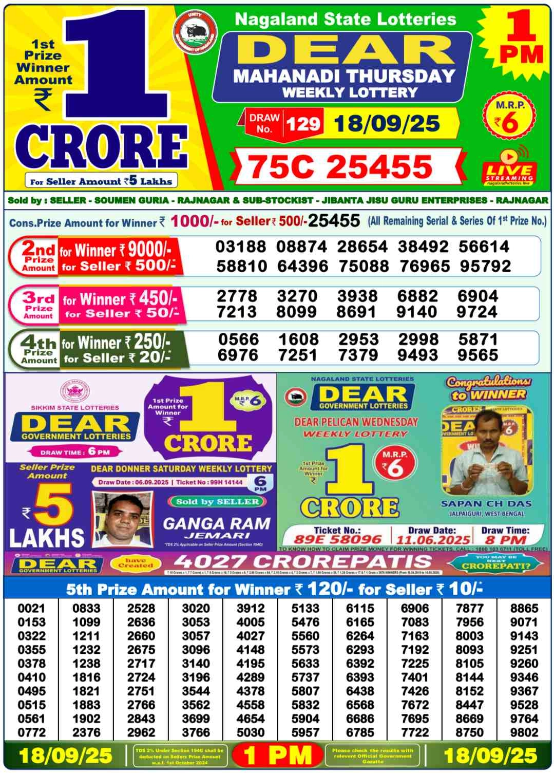 Nagaland Lottery 1PM Result Thursday 18-09-2025