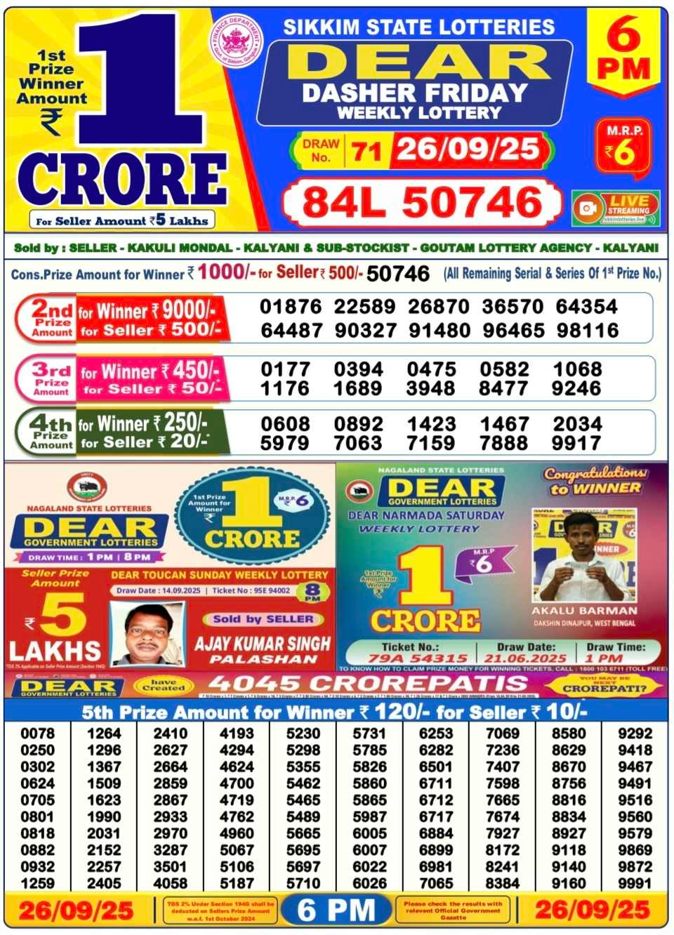 Nagaland Lottery 6 PM Result Friday 26-09-2025