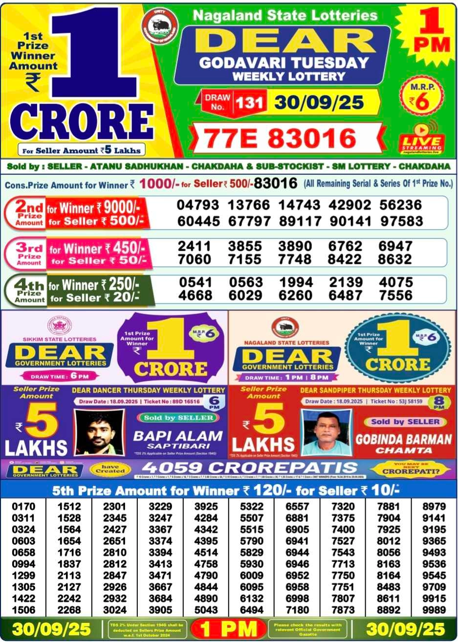 Nagaland Lottery 1 PM Result Tuesday 30-09-2025