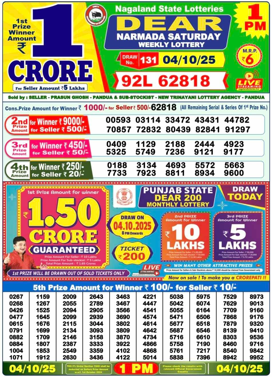 Nagaland Lottery 1 PM Result Saturday 4-10-2025