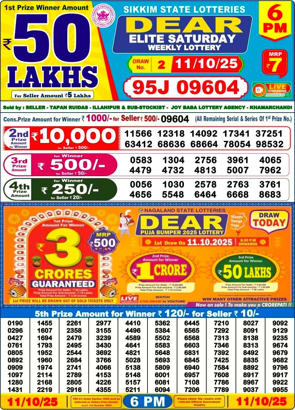 Nagaland Lottery 6 PM Result Saturday 11-10-2025