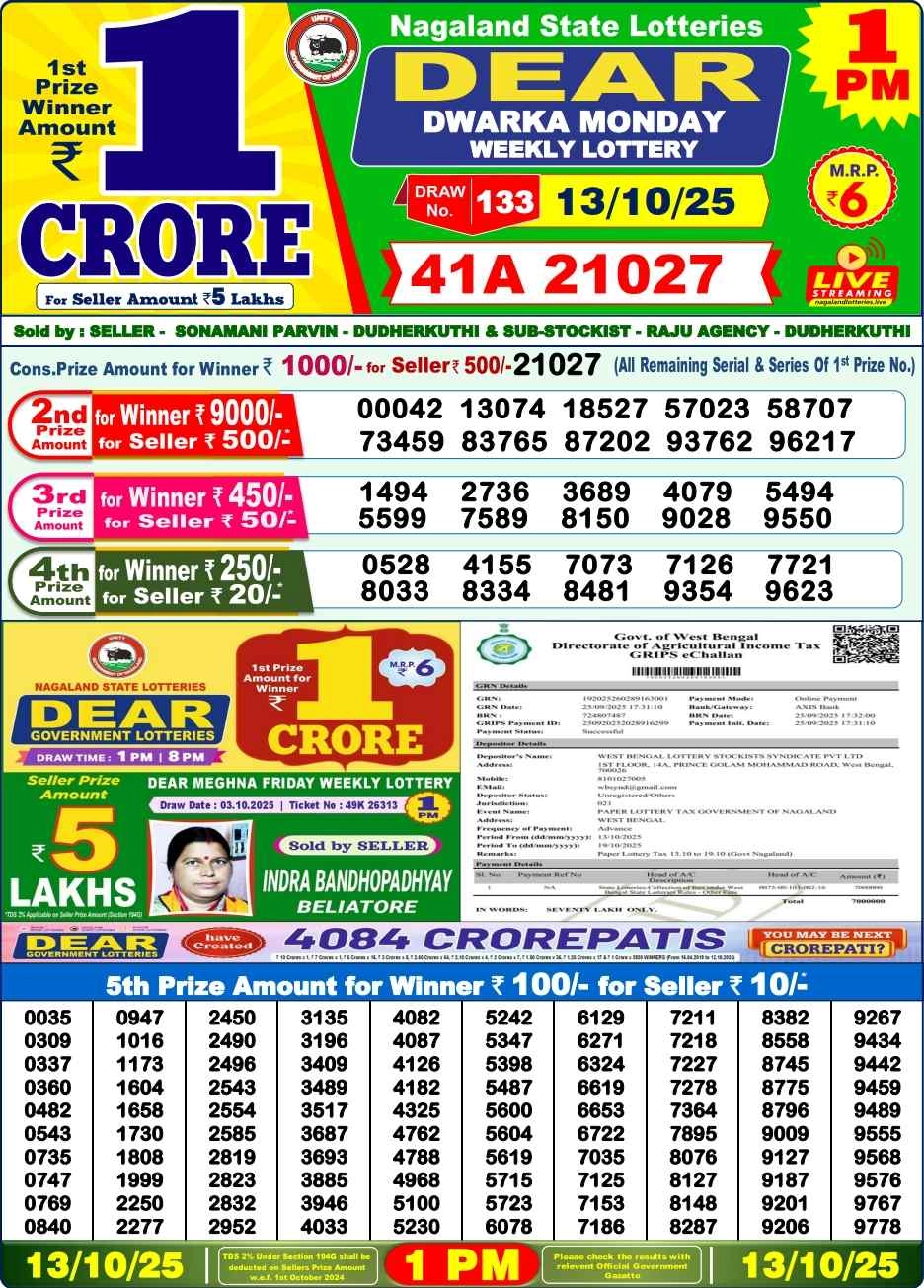 Nagaland Lottery 1 PM Result Monday 13-10-2025