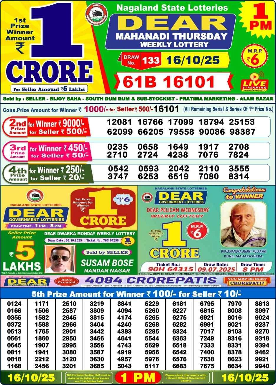 Nagaland Lottery 1 PM Result Thursday 16-10-2025