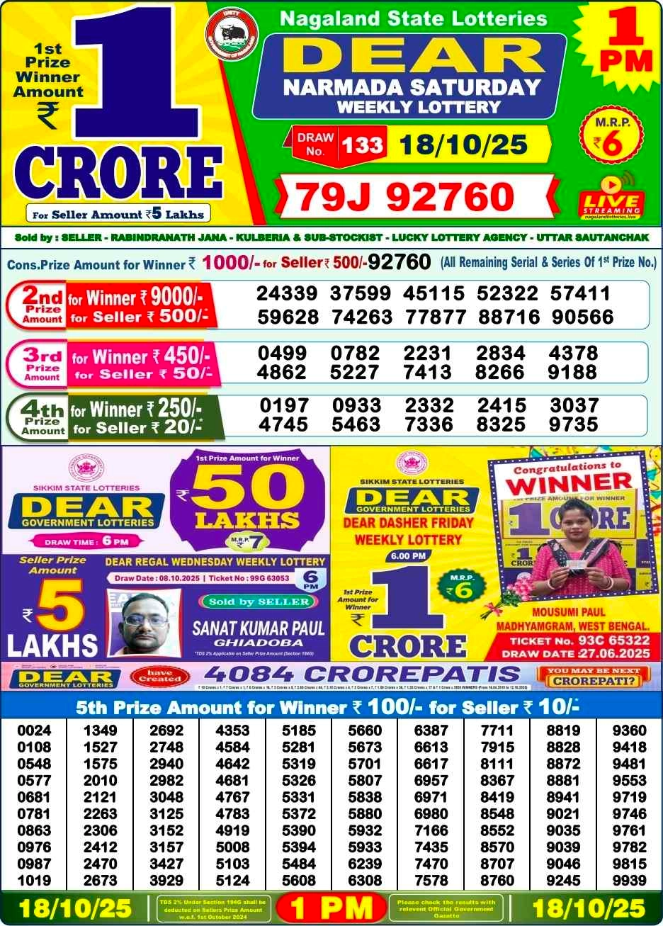Nagaland Lottery 1 PM Result Saturday 18-10-2025