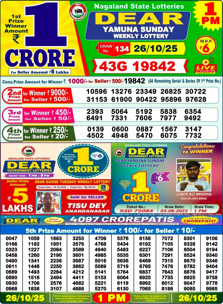 Nagaland Lottery 1 PM Result Sunday 26-10-2025