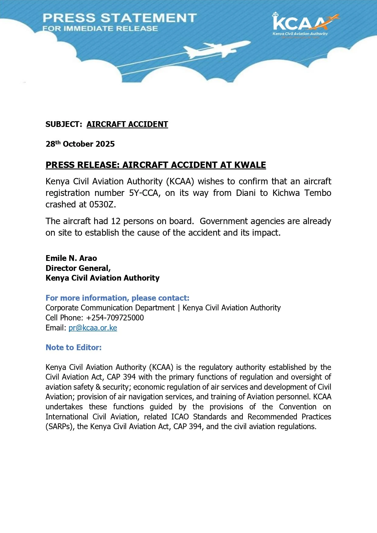 Kenya Plane Crash Press Statement