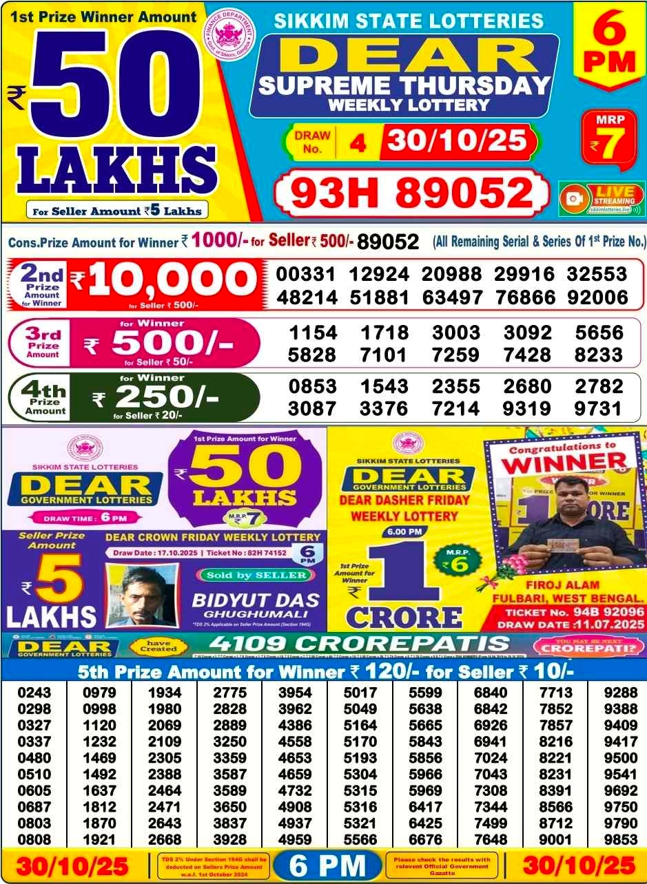 Nagaland Lottery 6 PM Result Thursday 30-10-2025