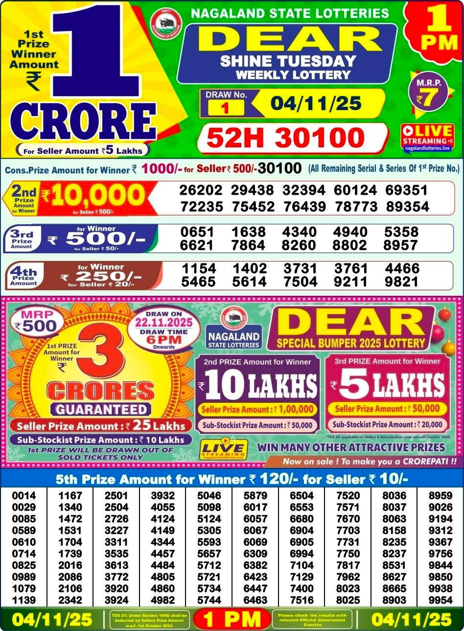 Nagaland Lottery 1 PM Result Tuesday 4-11-2025