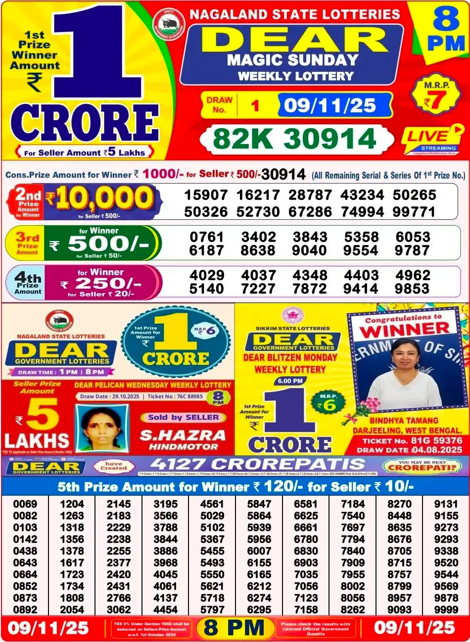 Nagaland Lottery 8 PM Result Sunday 9-11-2025