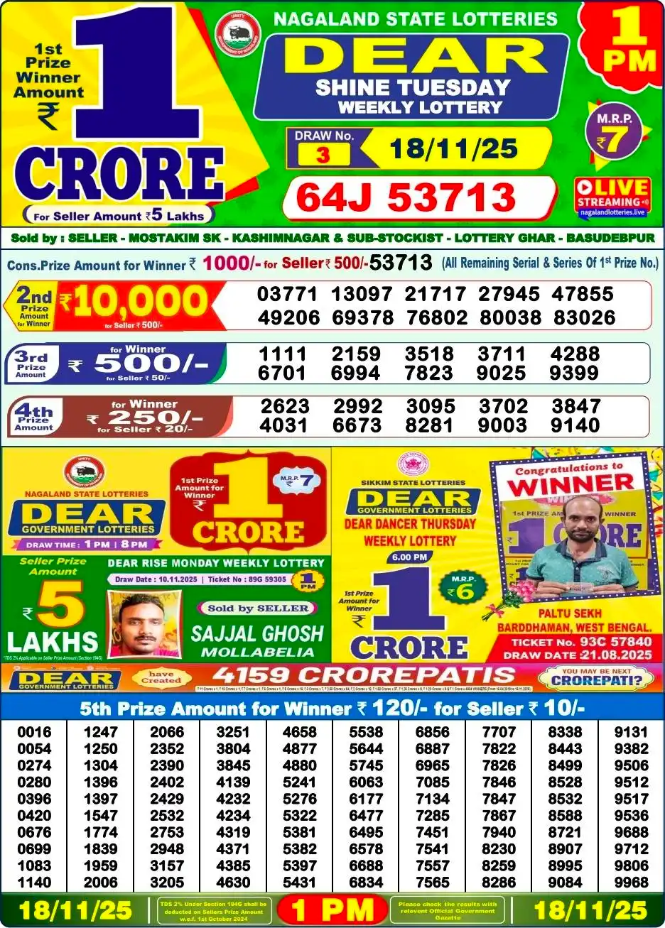 Nagaland Lottery 1 PM Result Tuesday 18-11-2025