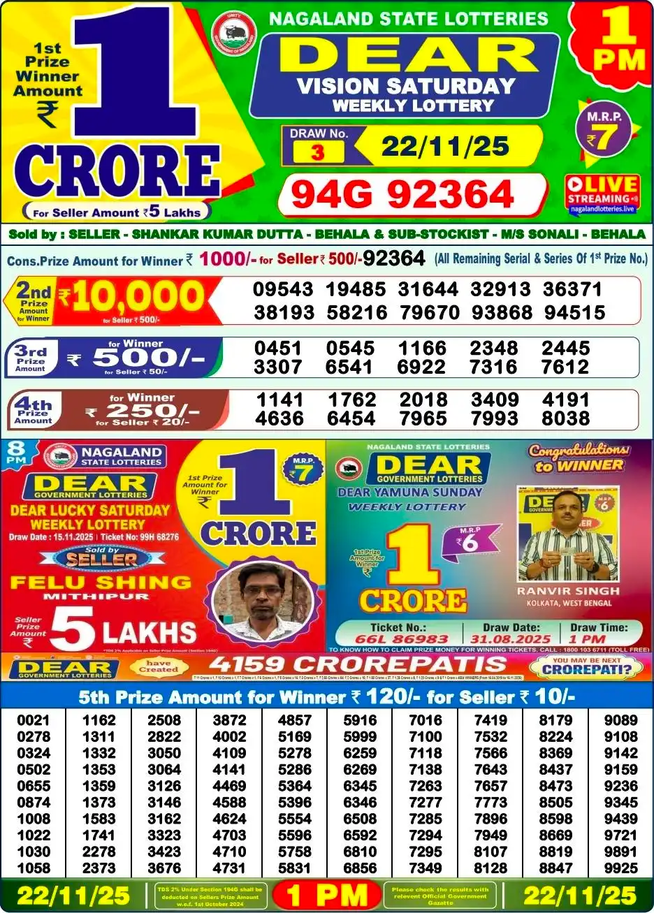 Nagaland Lottery 1 PM Result Saturday 22-11-2025