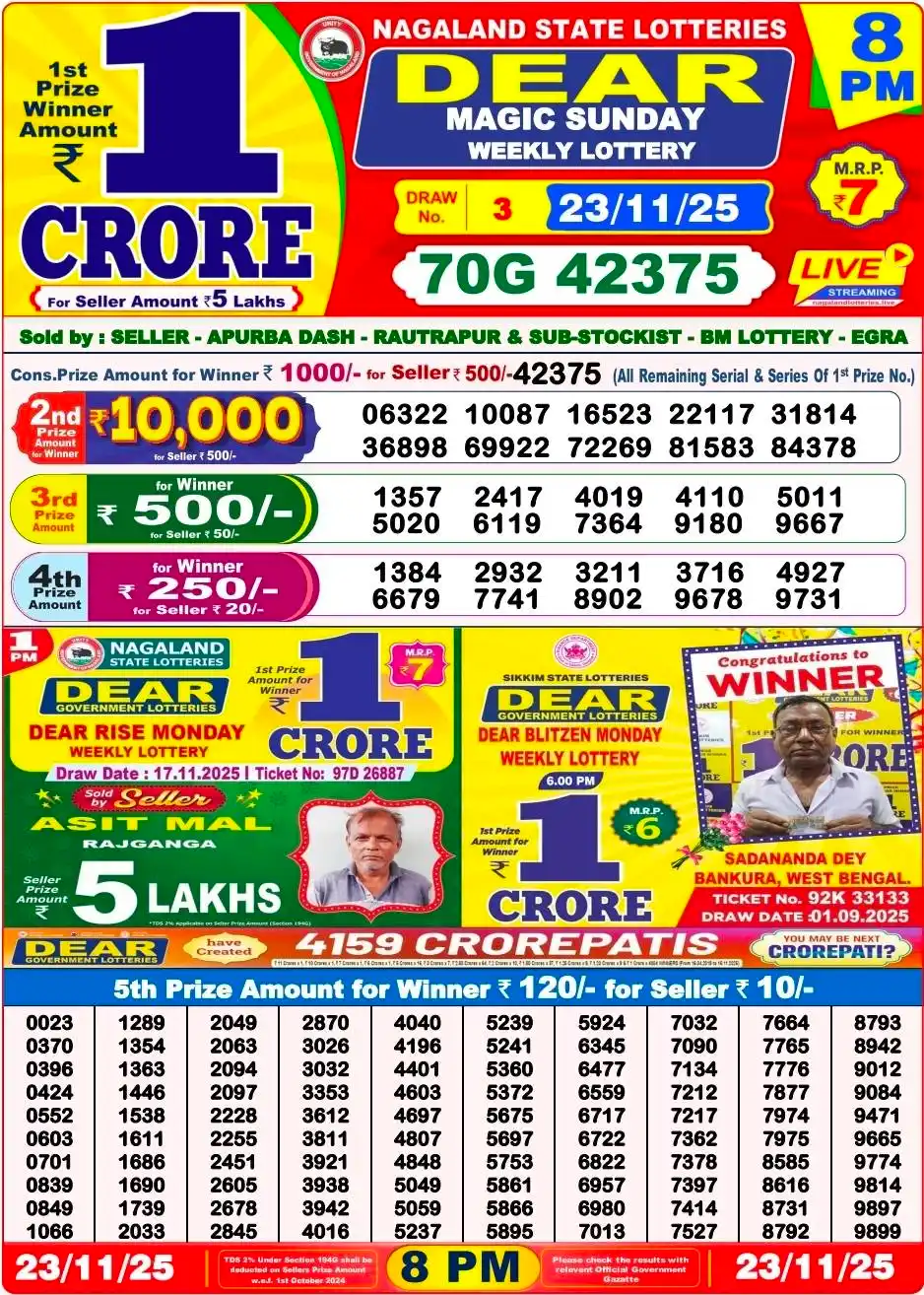 Nagaland State Lottery Old Result 8 PM 24-11-2025