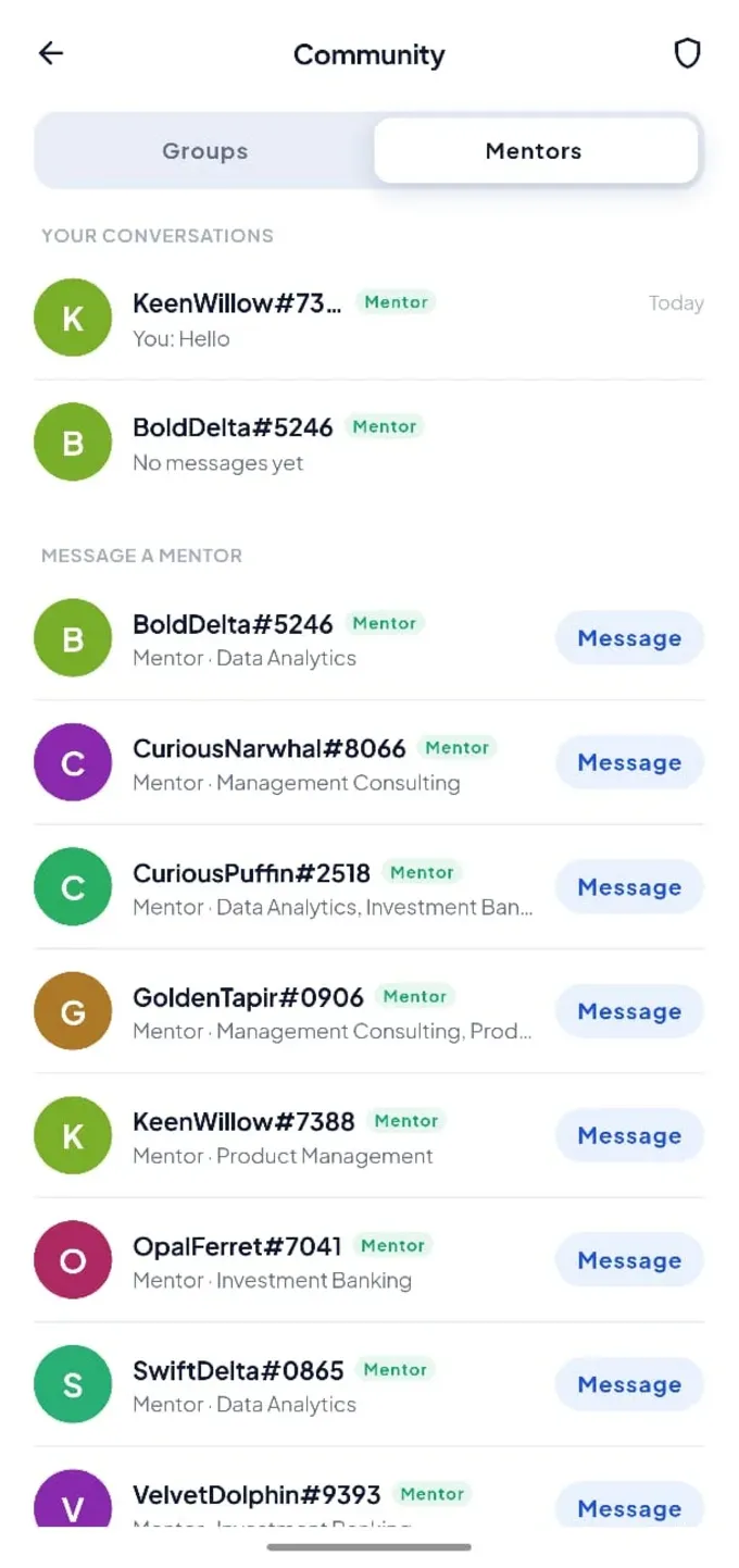 Mentors list with a Message button next to each mentor