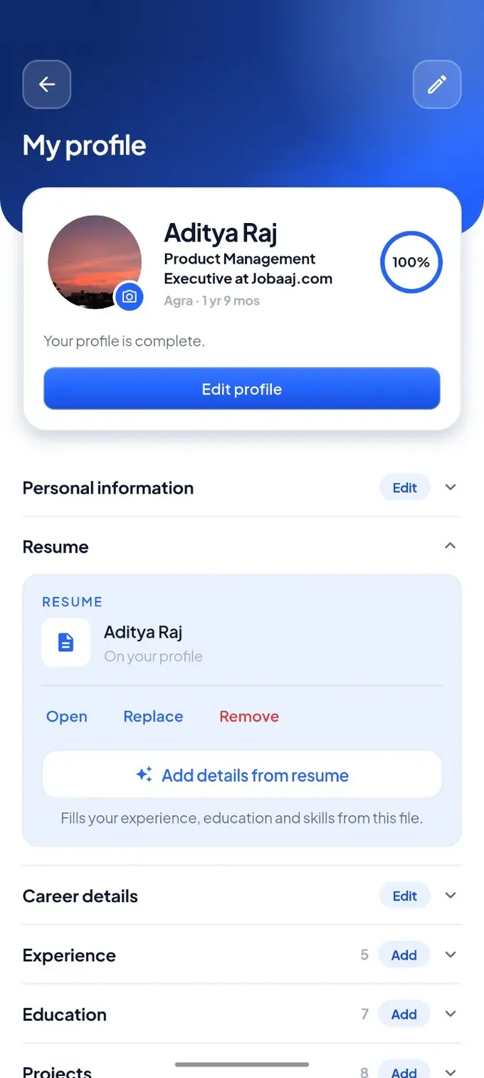 Profile setup screen