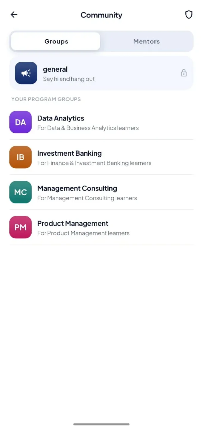 Community groups screen with general and program groups