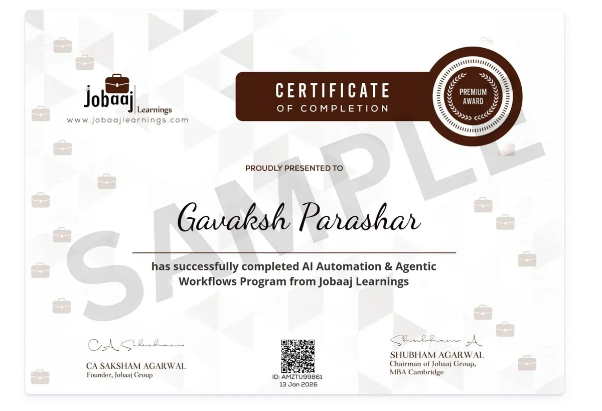 Sample Jobaaj Learnings certificate of completion for the AI Automation & Agentic Workflows Program