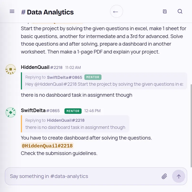 Data Analytics room: a mentor explains how to structure and present the Excel assignment with a dashboard