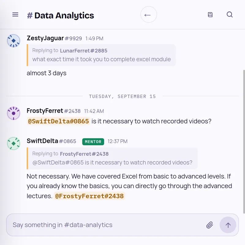 Data Analytics room: peers share how long the Excel module took and a mentor advises on skipping basics