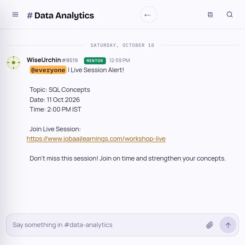 Data Analytics room: live session alert for SQL Concepts posted by a mentor