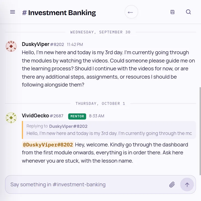 Investment Banking room: a mentor welcomes a new learner and guides them through the modules