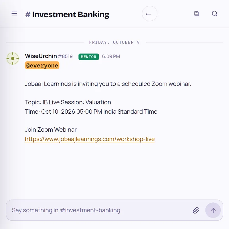 Investment Banking room: live session alert for an IB valuation session posted by a mentor