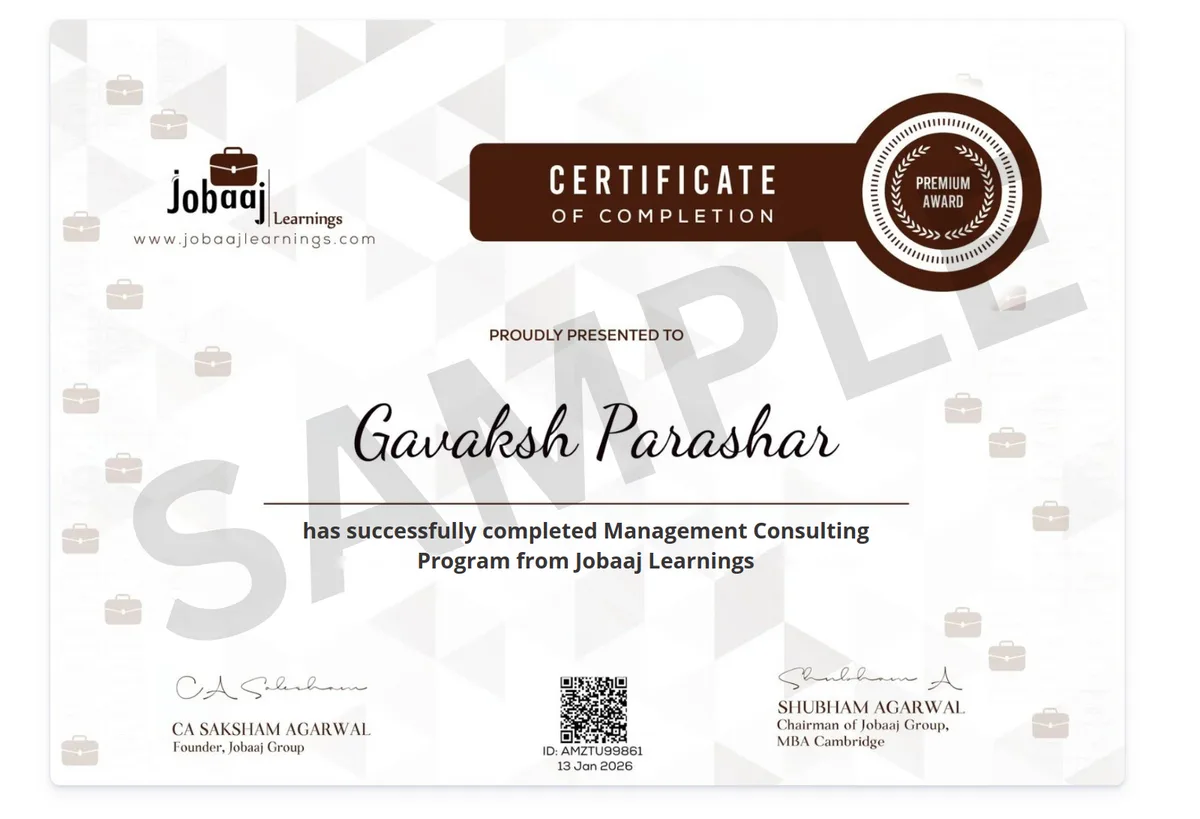 Sample Jobaaj Learnings certificate of completion for the Management Consulting Program