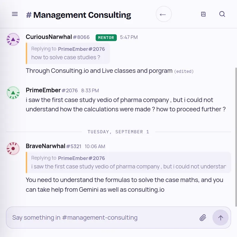 Management Consulting room: a mentor and a peer answer how to solve case studies