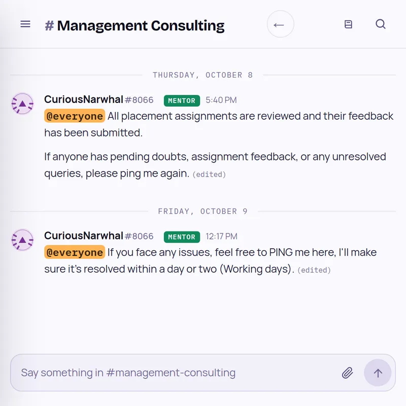 Management Consulting room: mentor announcements to all members