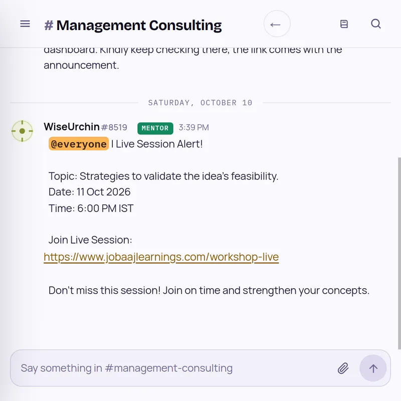 Management Consulting room: live session alert posted by a mentor