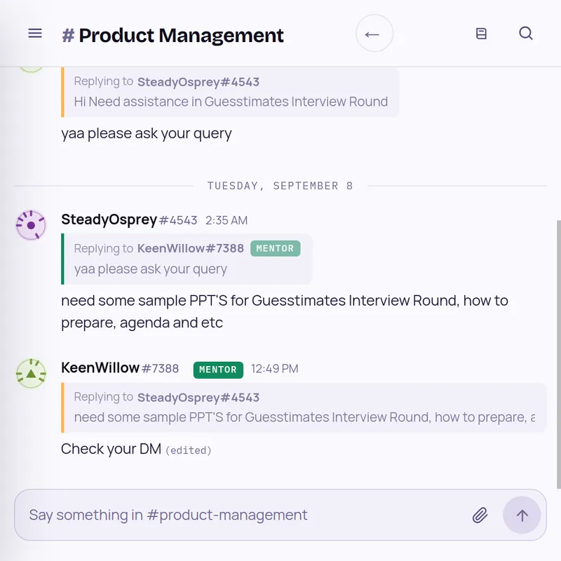 Product Management room: a mentor helps a learner prepare for the guesstimates interview round