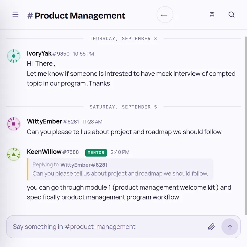 Product Management room: a learner offers peer mock interviews and a mentor points to the program roadmap