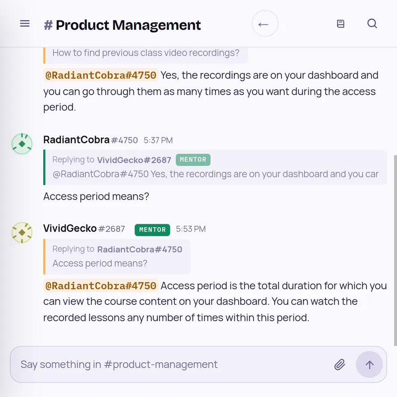 Product Management room: a mentor explains class recordings and the access period