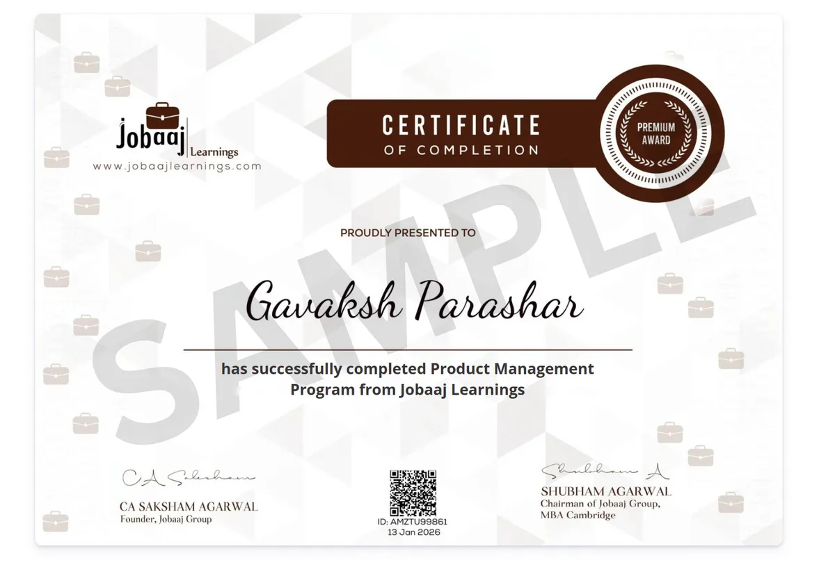 Sample Jobaaj Learnings certificate of completion for the Product Management Program