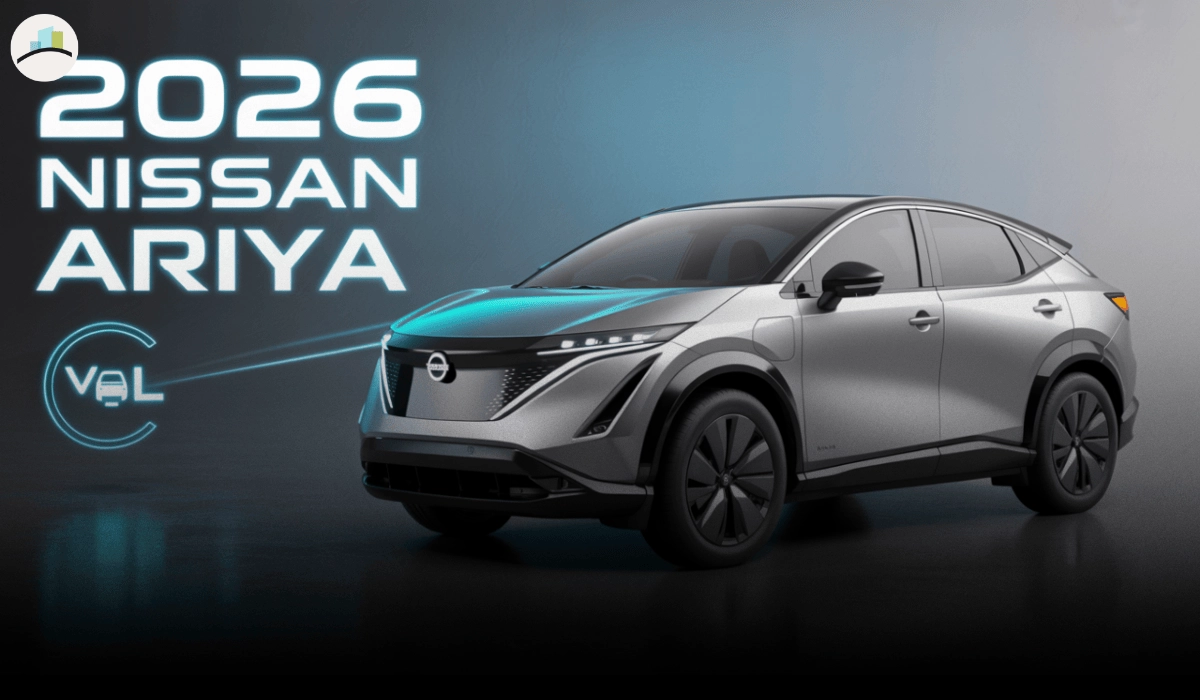 The 2026 Nissan Ariya's futuristic interior with dual screens and ambient lighting